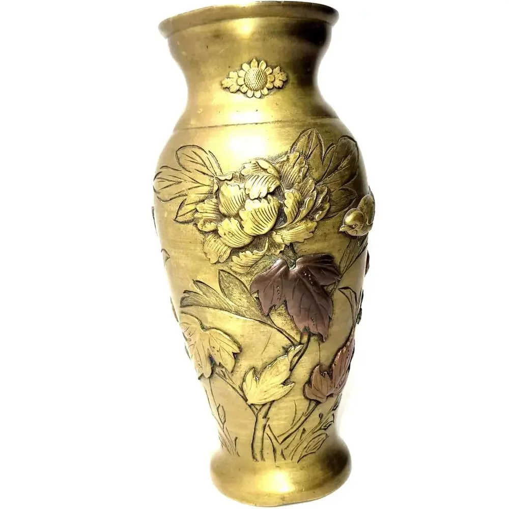 7"   19th Century  Japanese Meiji Period  Bronze / Copper Mixed Metal Vase - Picture 2 of 10